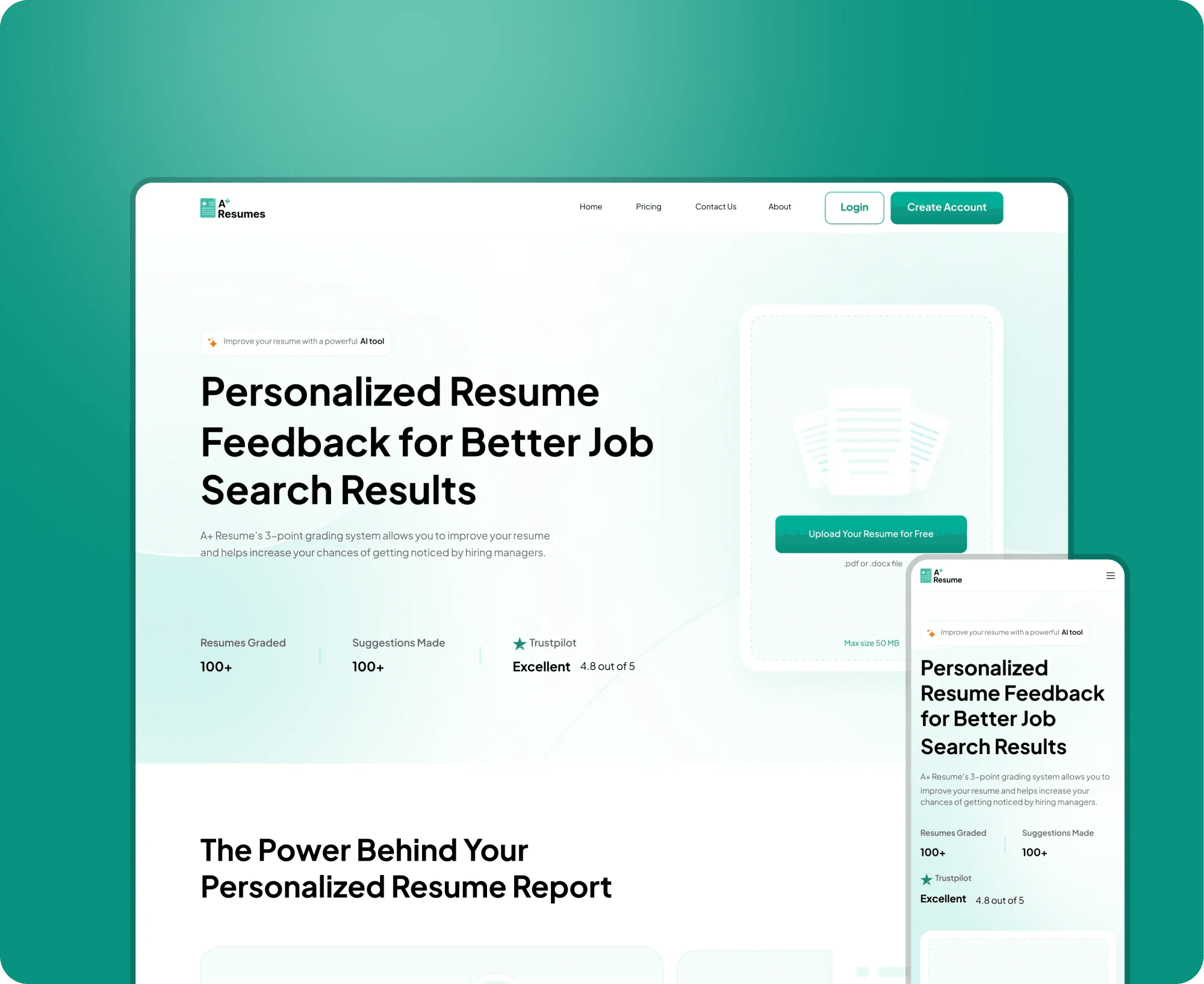 A+ Resume web app promising personalized resume feedback for better job search results.