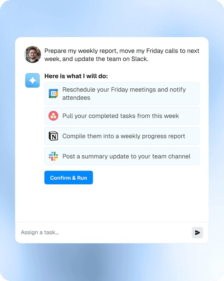 An AI assistant chat that reschedules meetings, pulls completed tasks, compiles a weekly report and posts a team update.
