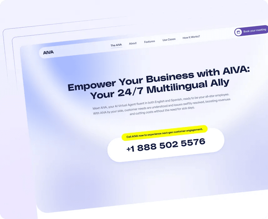 AIVA website hero: "Empower Your Business with AIVA: Your 24/7 Multilingual Ally" and a phone number.