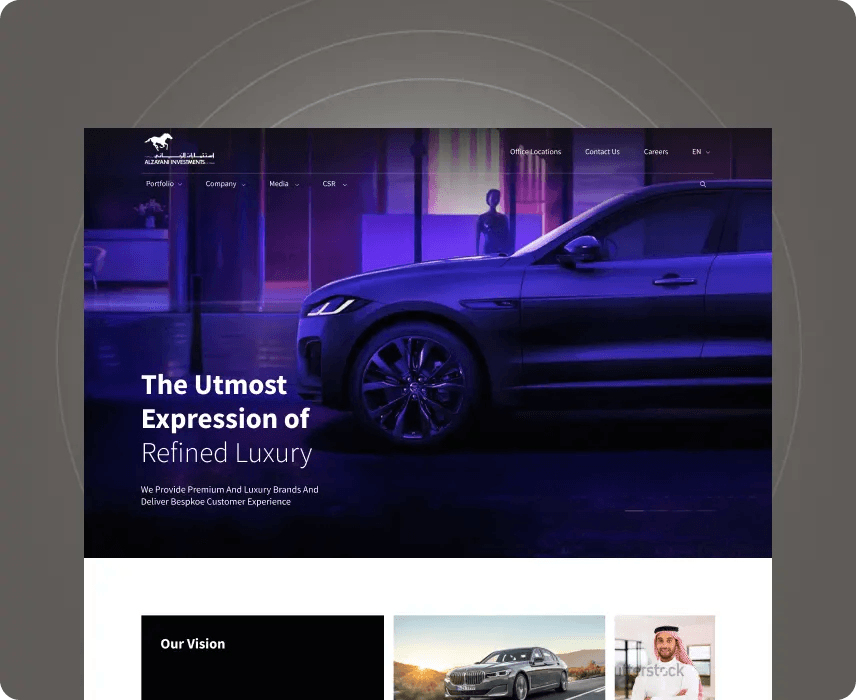 Investment group website hero, "The Utmost Expression of Refined Luxury", with a luxury car.