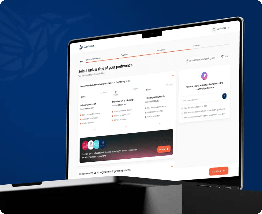 Applywise web app for choosing universities by preference, on a laptop.