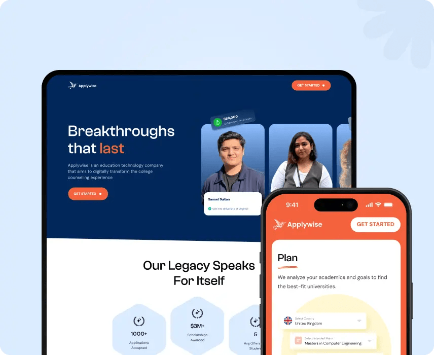 Applywise website on desktop and mobile: "Breakthroughs that last" with student portraits.