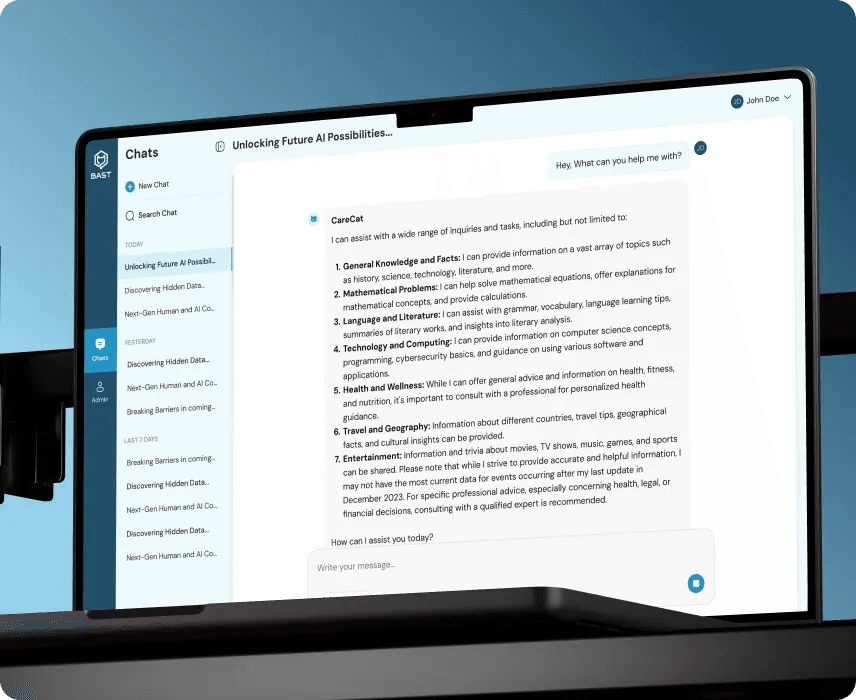 Bast AI chat answering a question with a structured list, on a desktop monitor.