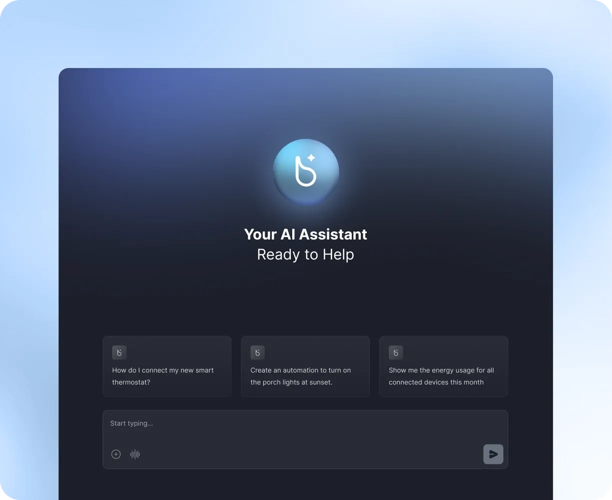 Bodhi AI assistant for smart buildings, with prompts like connecting a thermostat or showing energy usage.