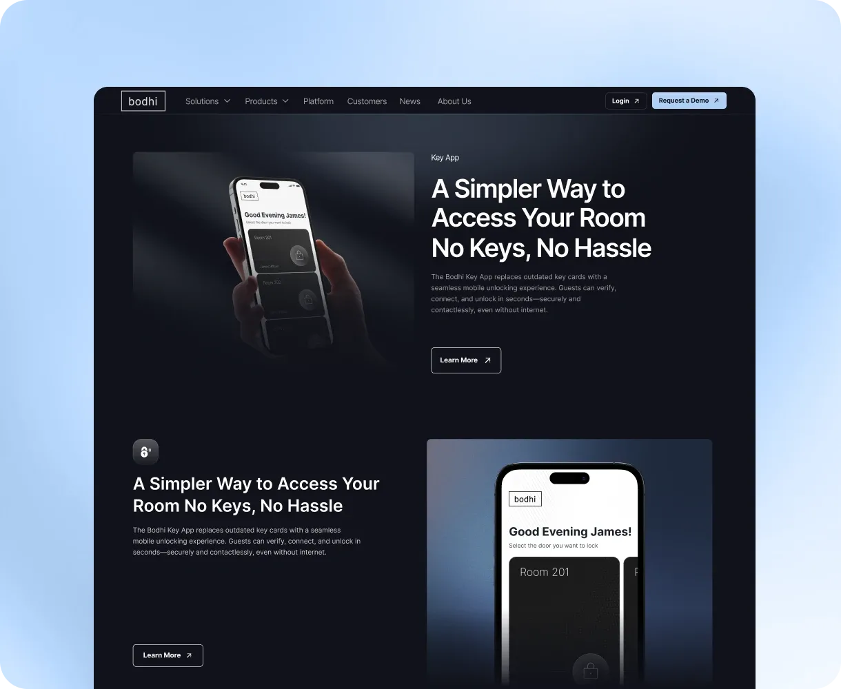 Bodhi website for its key app: "A Simpler Way to Access Your Room. No Keys, No Hassle."
