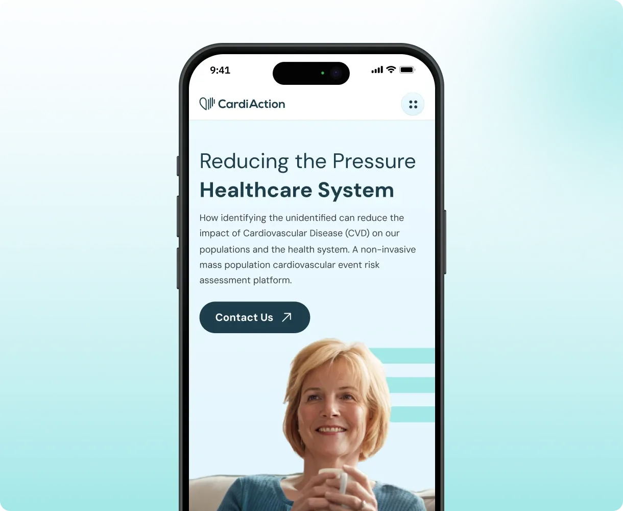 CardiAction website on a phone: "Reducing the Pressure on the Healthcare System".