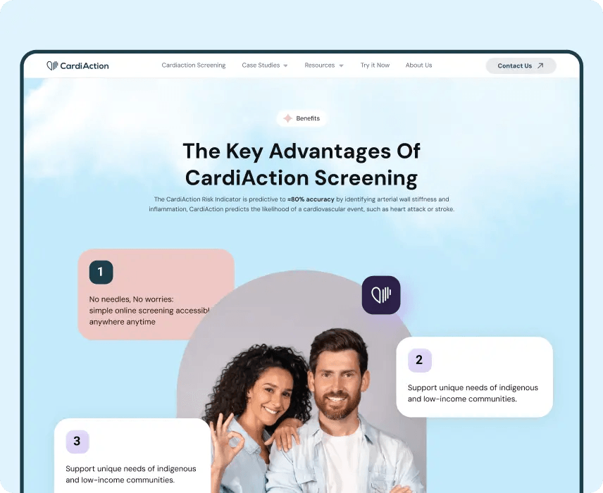 CardiAction website section on the key advantages of its cardiac screening.