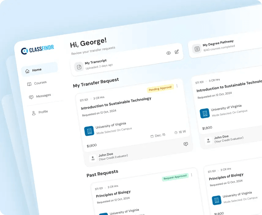 Classfinder student dashboard with course transfer requests from US universities.