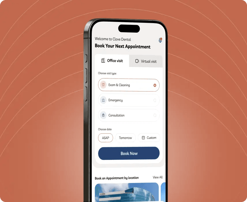 Clove Dental app booking screen with office or virtual visit options and a Book Now button.