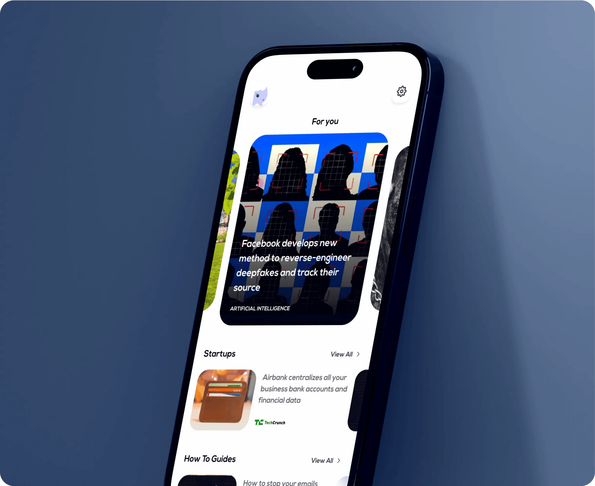 Duals mobile app "For you" feed with short lessons on AI and startups.