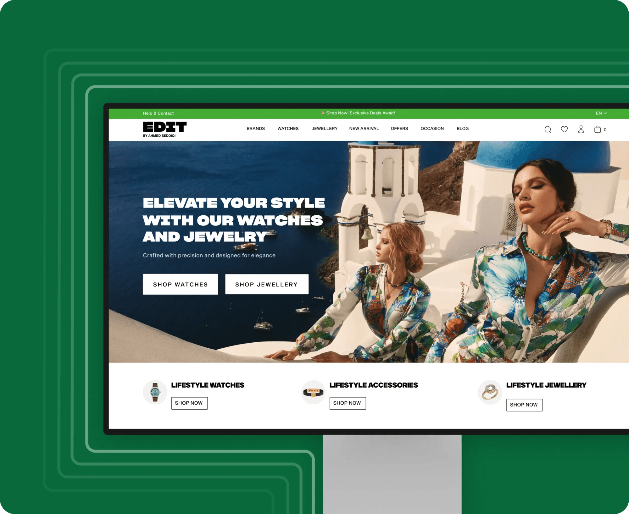 Edit watch and jewellery store homepage on a desktop monitor, with a fashion campaign hero.