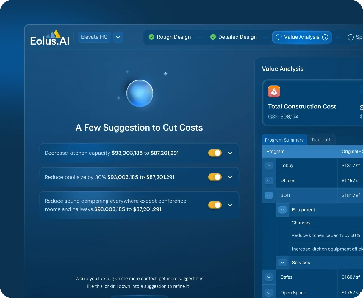 Eolus.AI web app suggesting ways to cut construction costs, with a value analysis of the total cost.