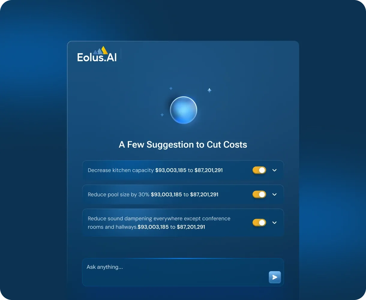 Eolus.AI suggesting ways to cut construction costs, with a value analysis of the total build cost.