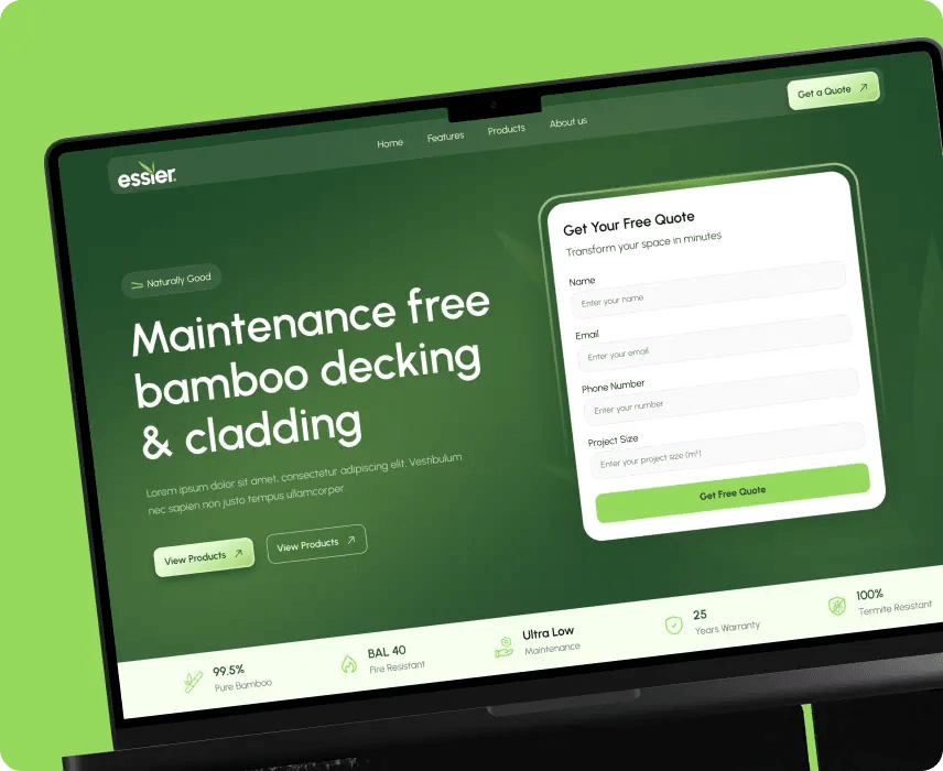 Essier website: "Maintenance free bamboo decking & cladding" with a free quote form.