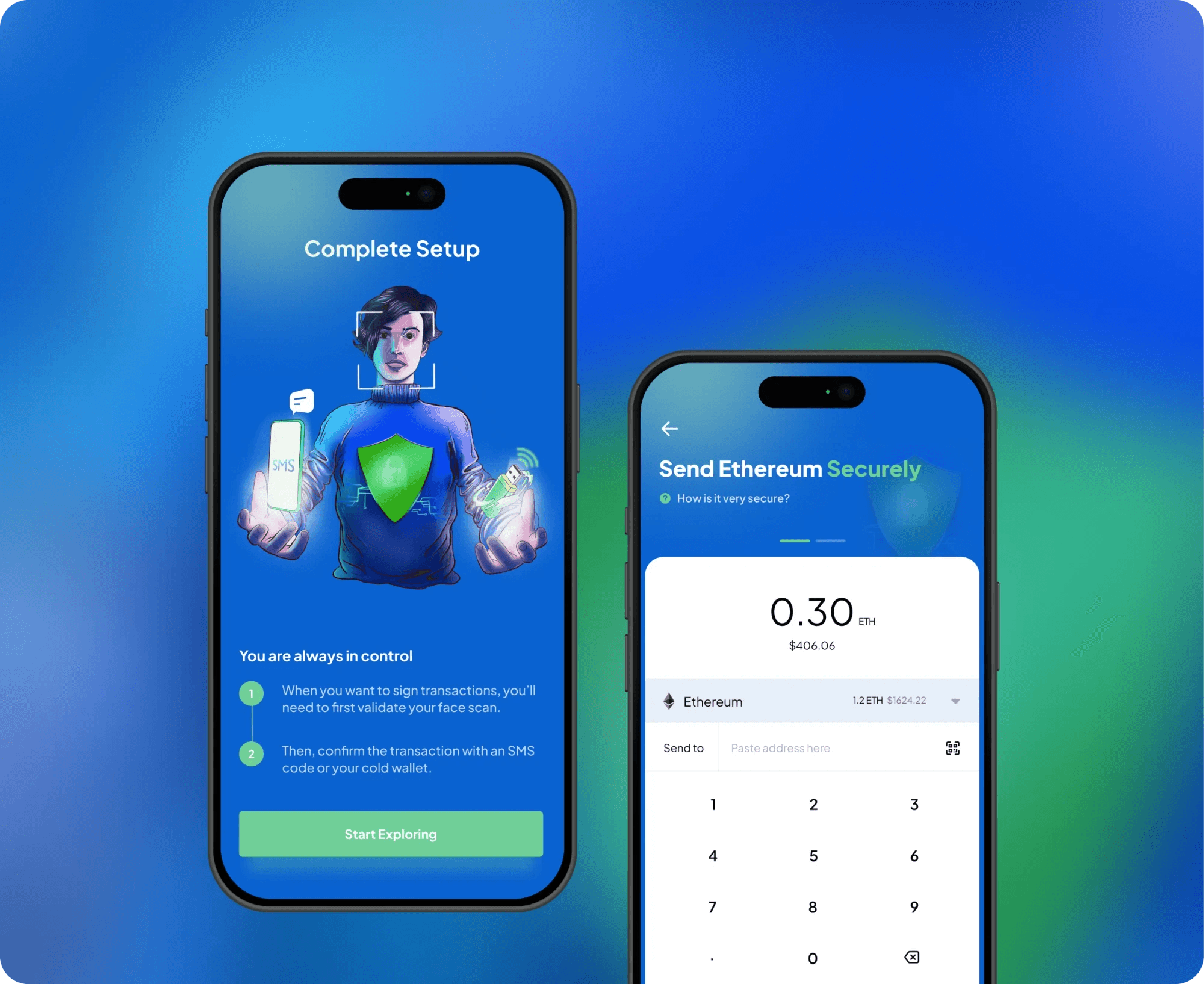 Ethereum wallet app screens: an illustrated setup screen and a send amount keypad.