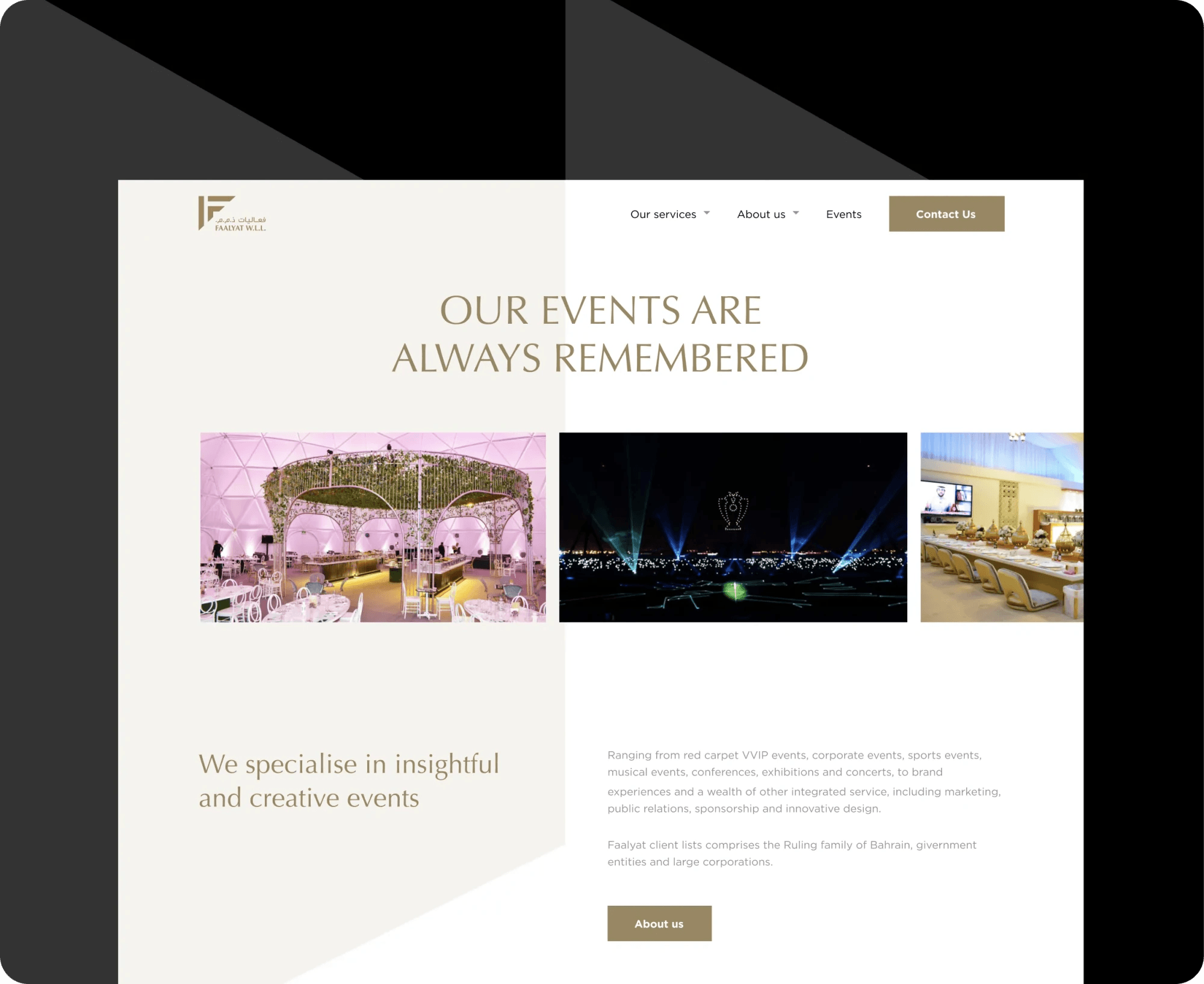 Faalyat events website: "Our events are always remembered" with venue photos.