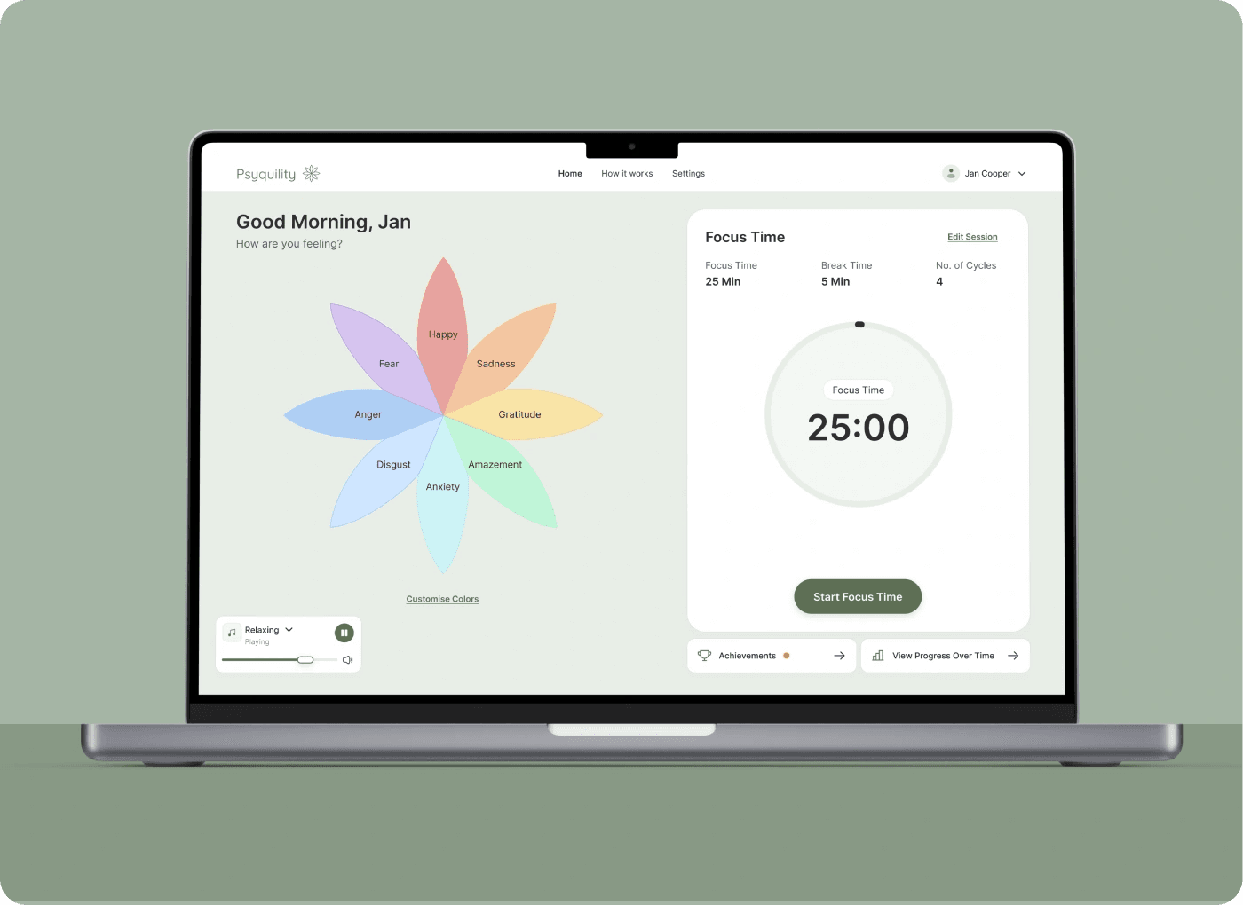 Psyquility home on a laptop with an emotion wheel and focus timer