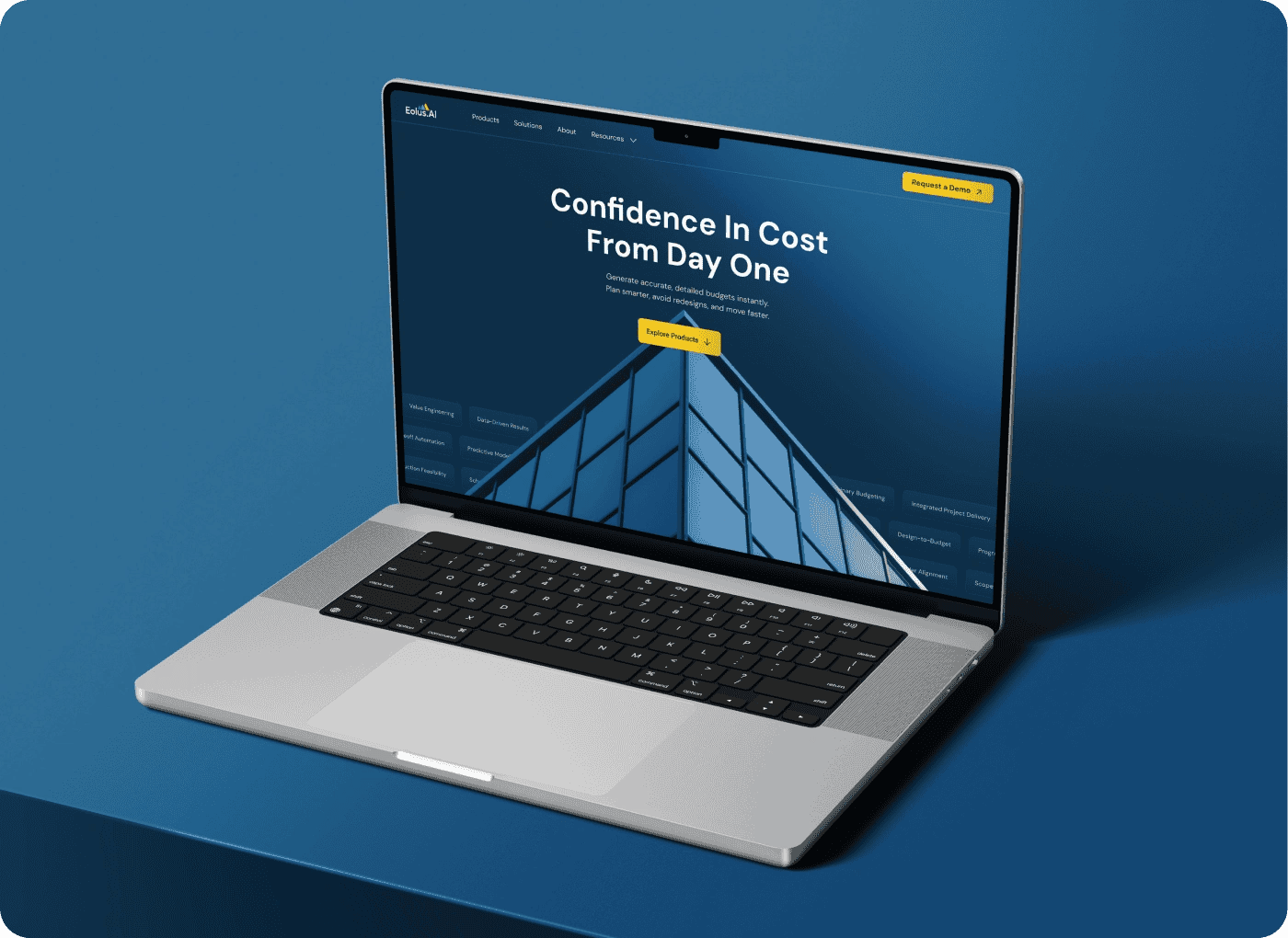 Eolus AI website on a laptop: Confidence in Cost From Day One