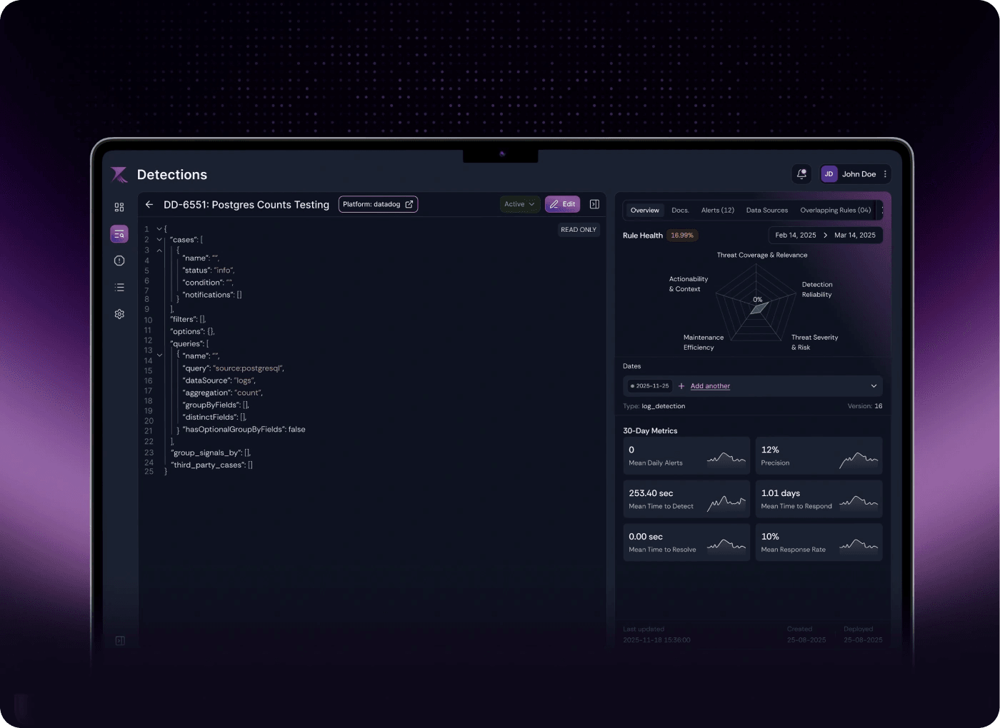 Rilevera detection editor with query code and health metrics