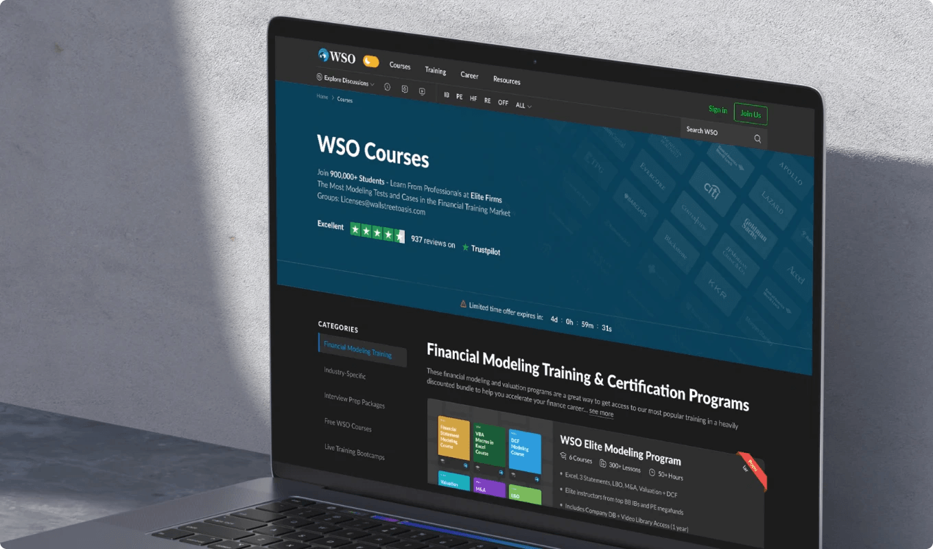 Wall Street Oasis courses page on a laptop