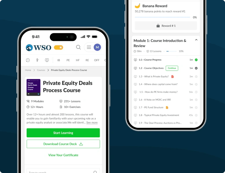 Wall Street Oasis course on a phone: Private Equity Deals Process Course