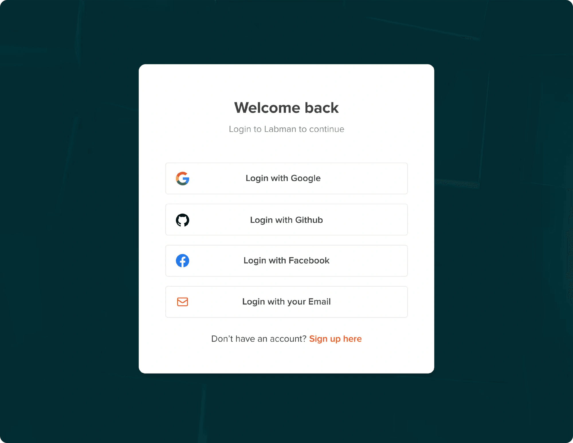 Labman sign-in options: Google, GitHub, Facebook and email