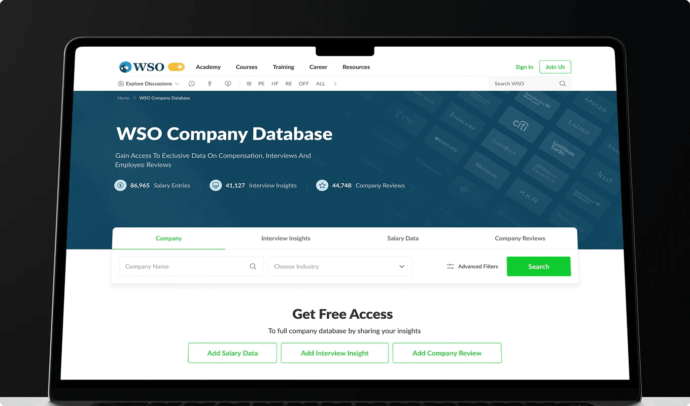 Wall Street Oasis company database on desktop
