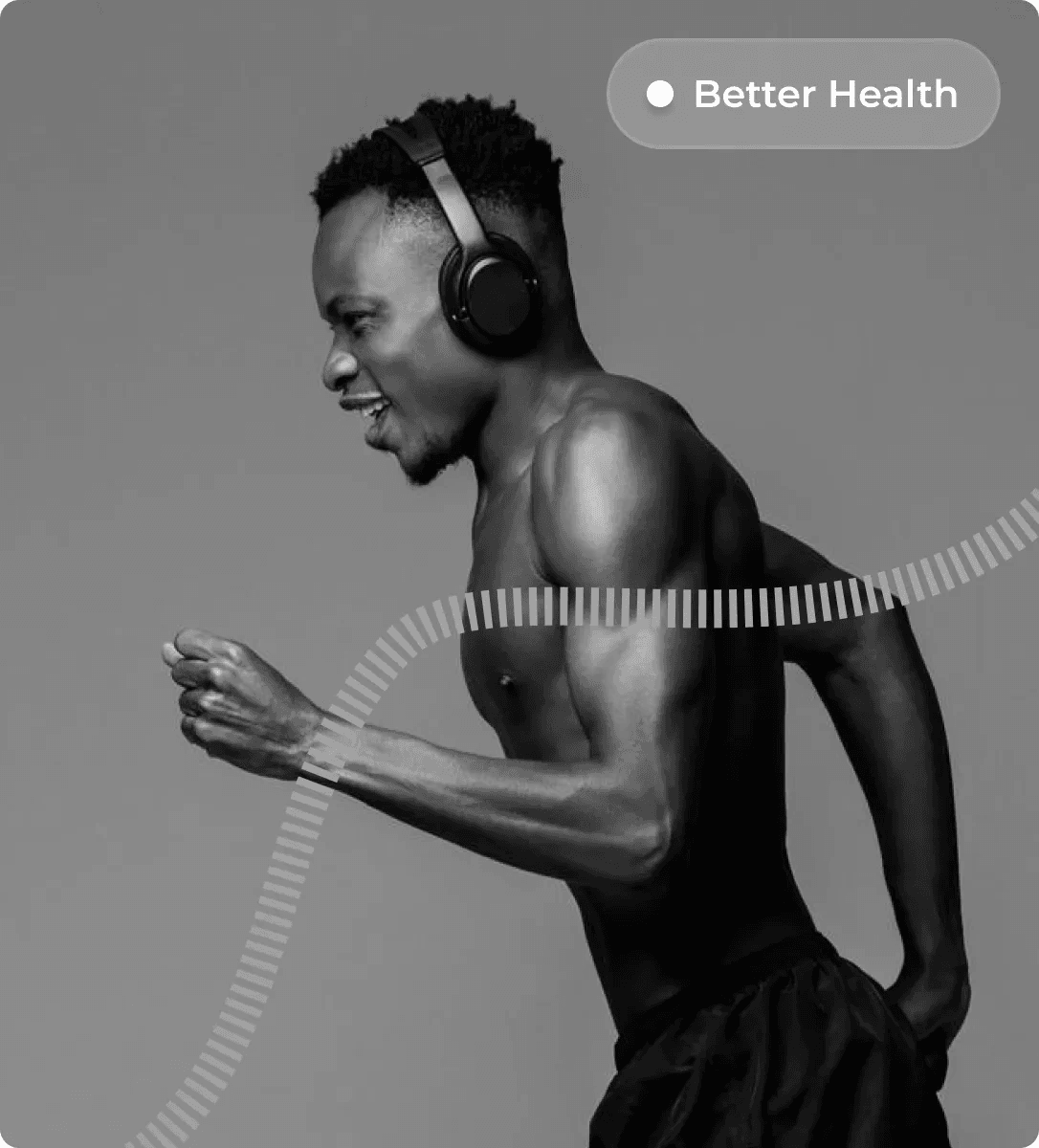 Athlete running with headphones, from the HUM2N site