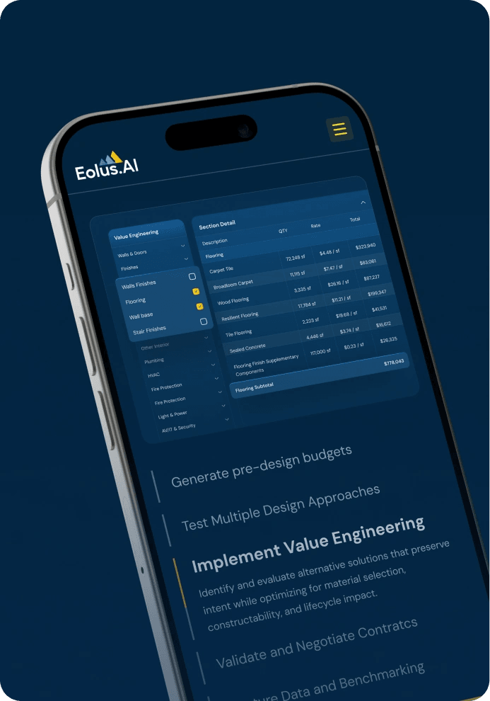 Eolus AI on a phone listing value engineering and buyout steps