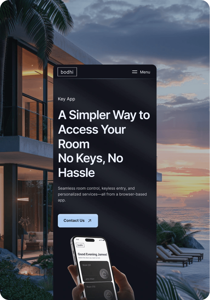 Bodhi key app page on a phone over a resort at sunset: A Simpler Way to Access Your Room