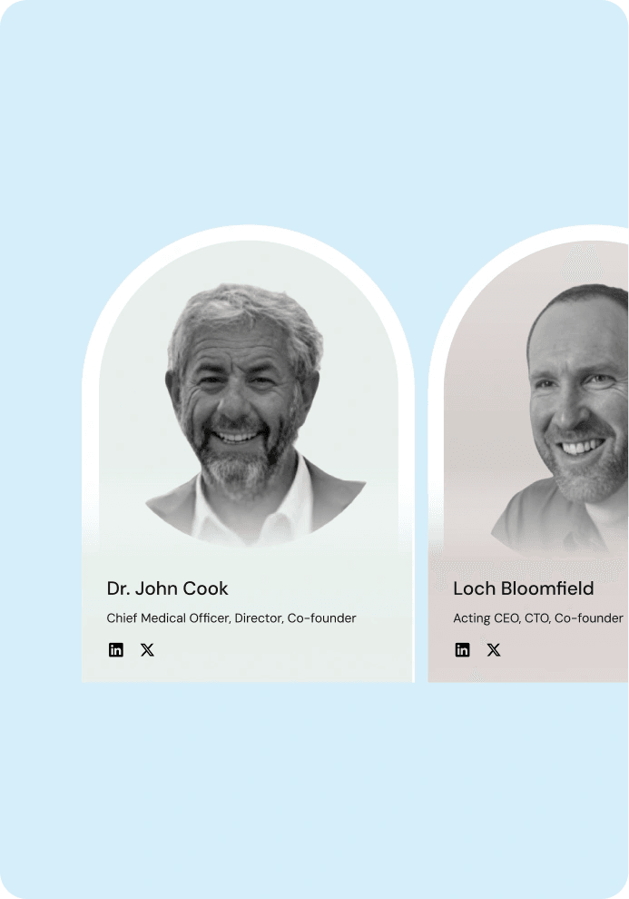 CardiAction co-founder cards for Dr. John Cook and Loch Bloomfield