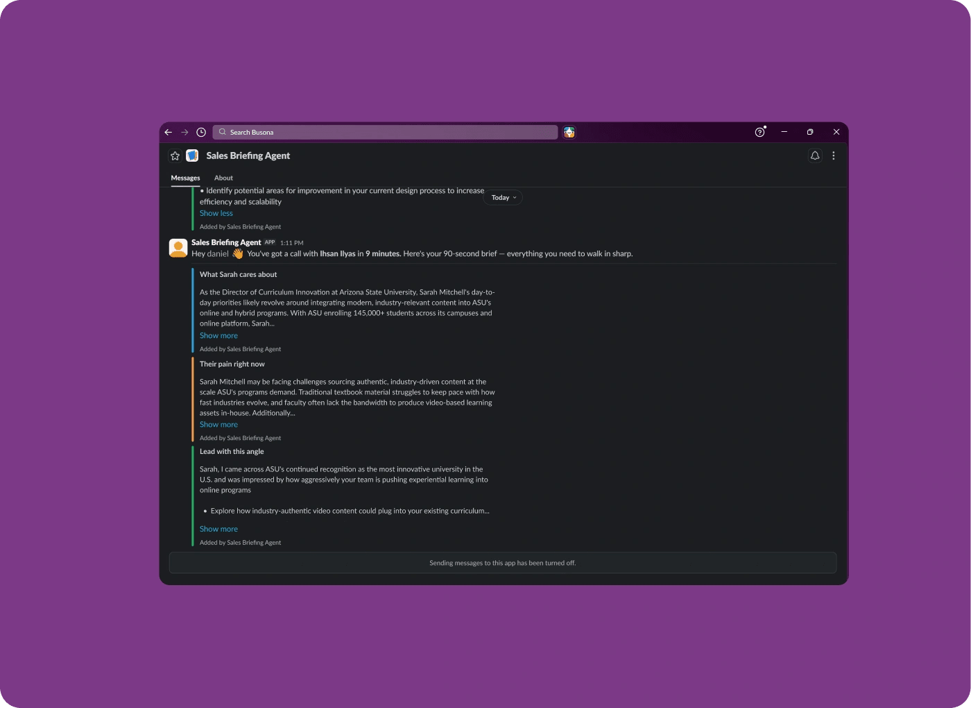 Sales Briefing Agent brief posted in a Slack channel before a meeting