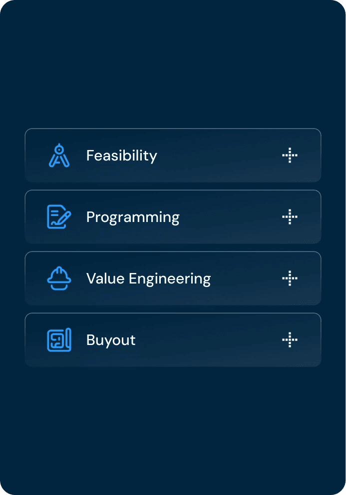 Eolus AI workflow stages: feasibility, programming, value engineering and buyout
