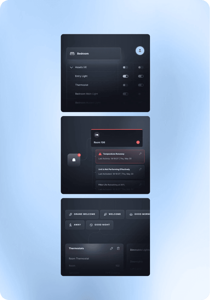 Bodhi room control cards for lights, thermostat and scenes