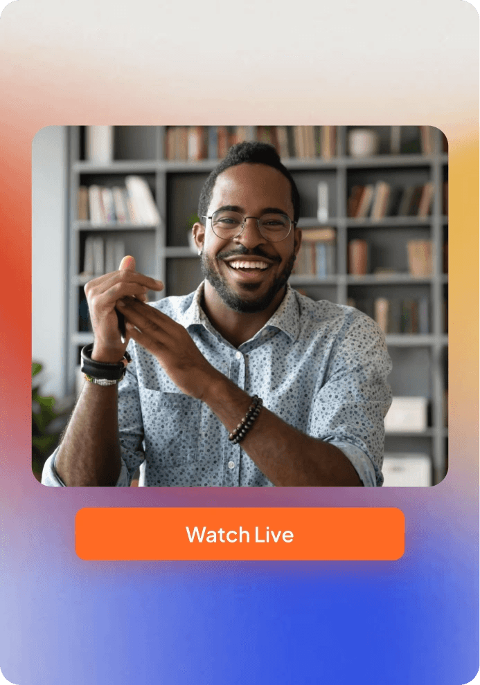 Smiling expert above a Watch Live button