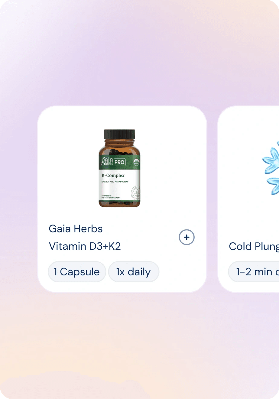 MetaPause supplement cards for Gaia Herbs Vitamin D3+K2 and cold plunges with daily doses