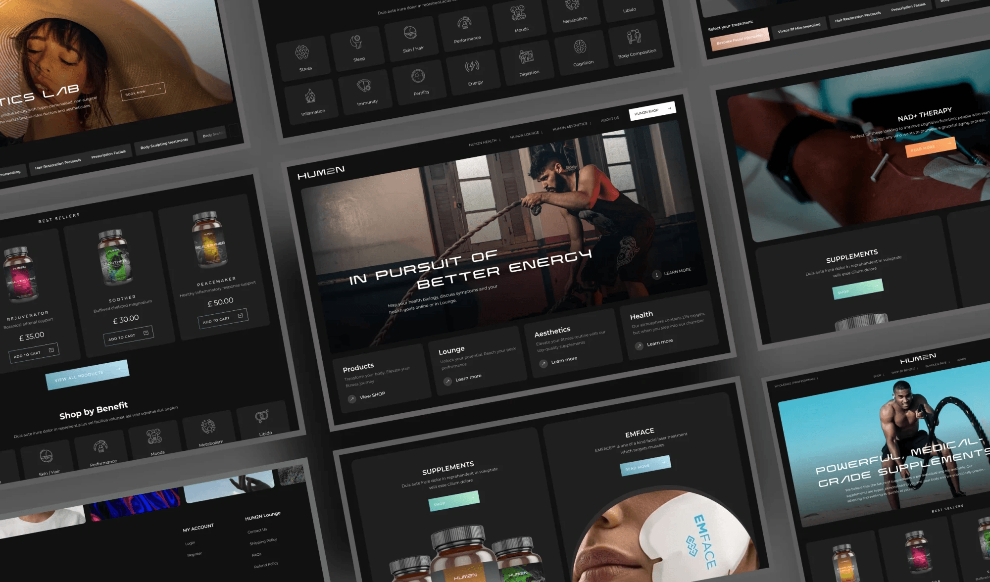 HUM2N pages: home, products, lounge and aesthetics