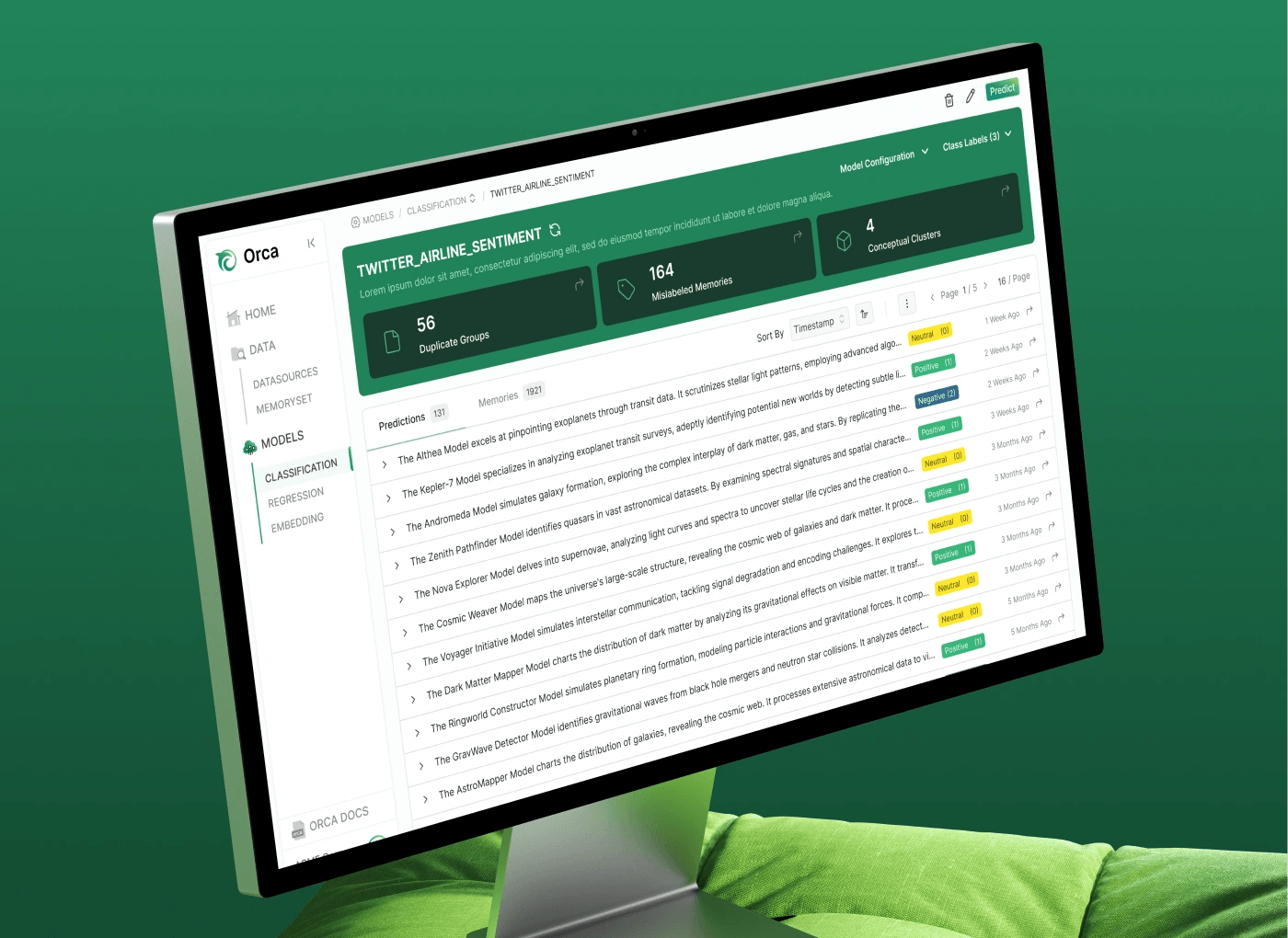 Orca classification dashboard on a desktop monitor
