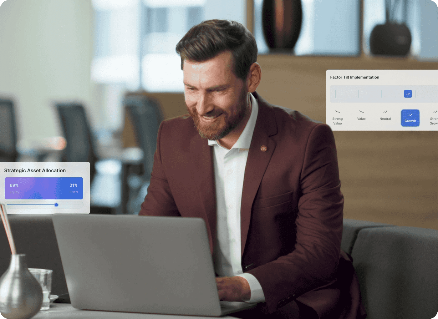 Financial advisor at a laptop beside FINIAT allocation widgets