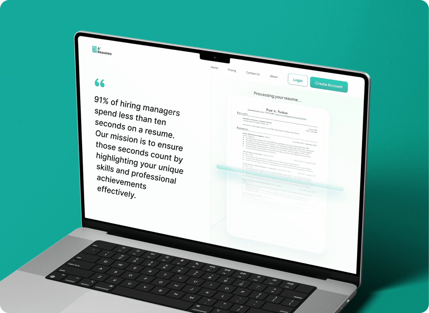 A+ Resume website on a laptop explaining its mission