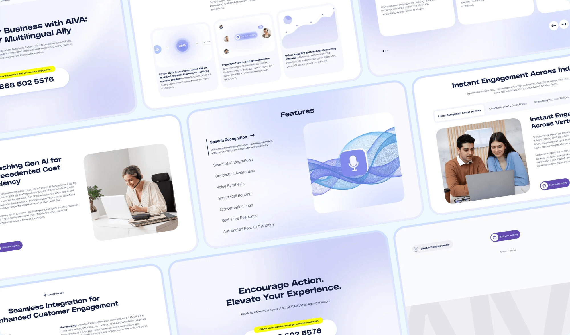 AIVA website sections: features, industries and calls to action