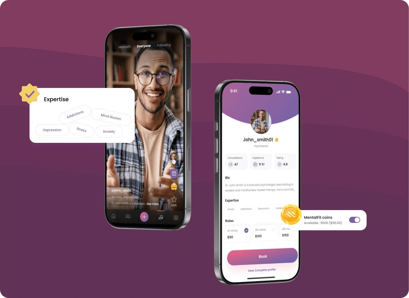 MentalFit therapist profile with expertise tags and booking