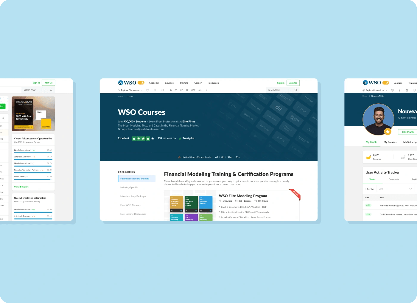 Wall Street Oasis course and profile pages