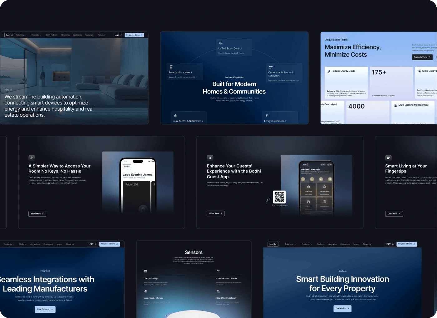 Bodhi website sections for homes, communities, integrations and smart building features