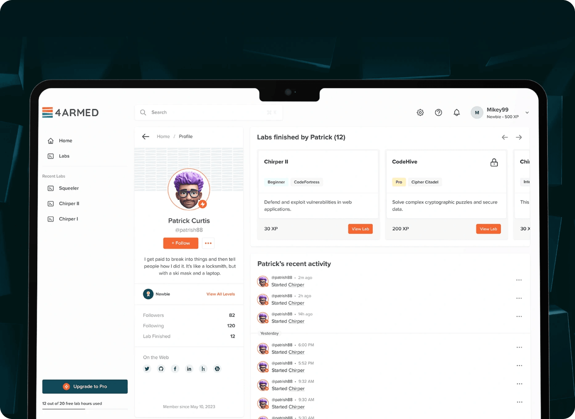 Labman user profile with finished labs and recent activity