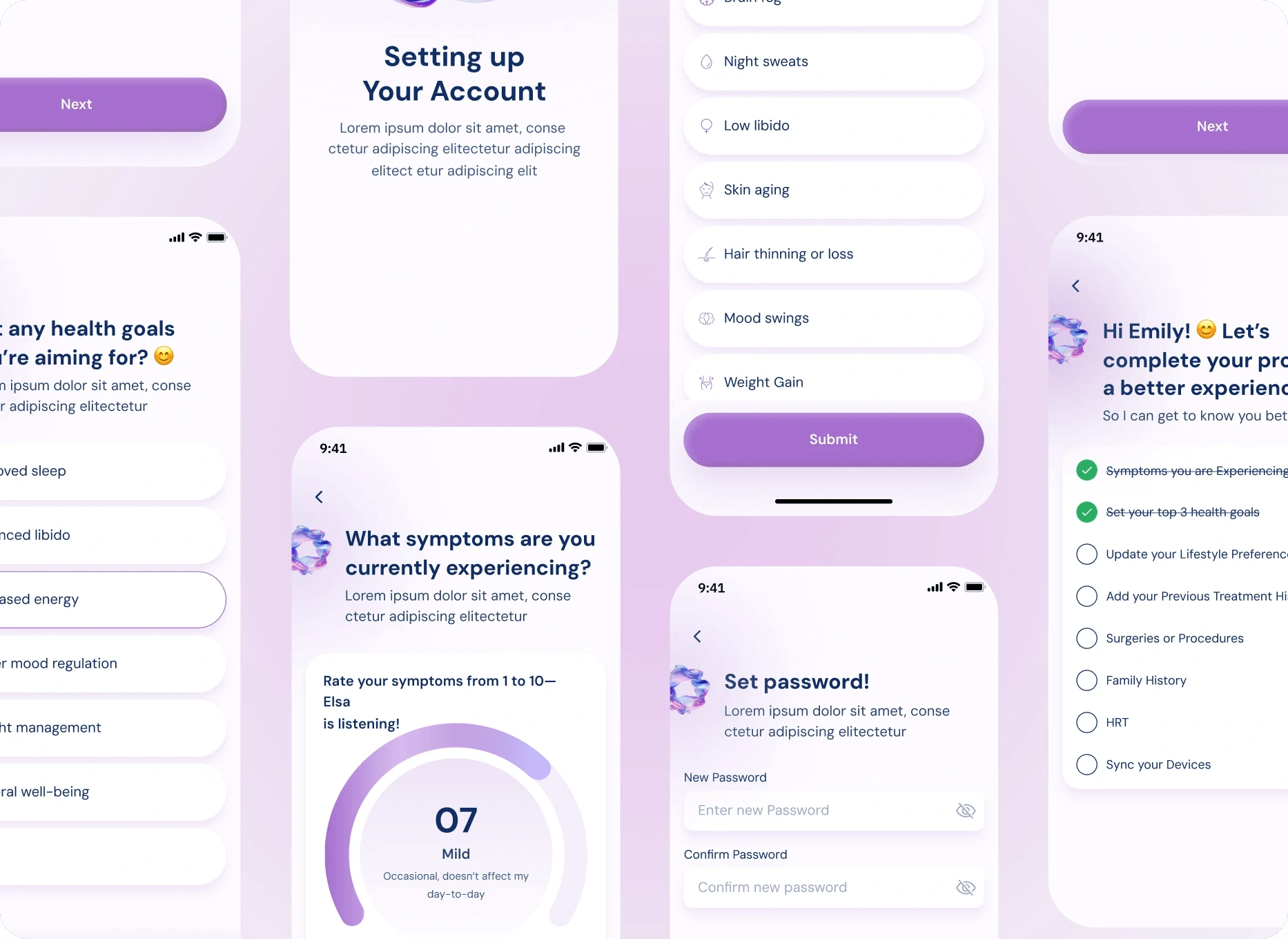 MetaPause onboarding flow: health goals, symptom checklist, symptom rating and account setup screens