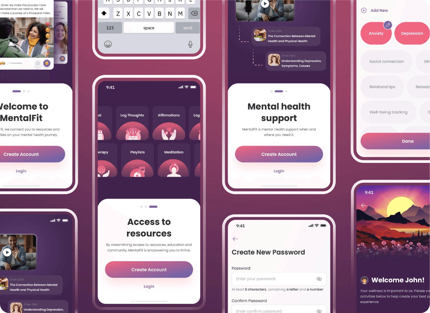 MentalFit onboarding, sign-up and password screens