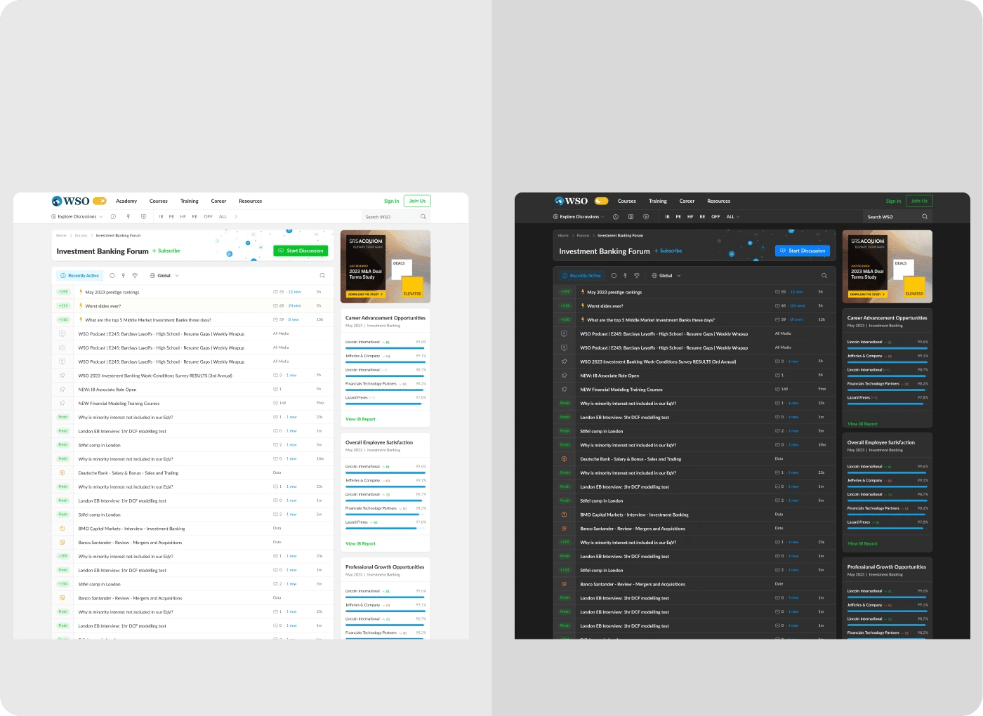 Wall Street Oasis Investment Banking forum in light and dark mode