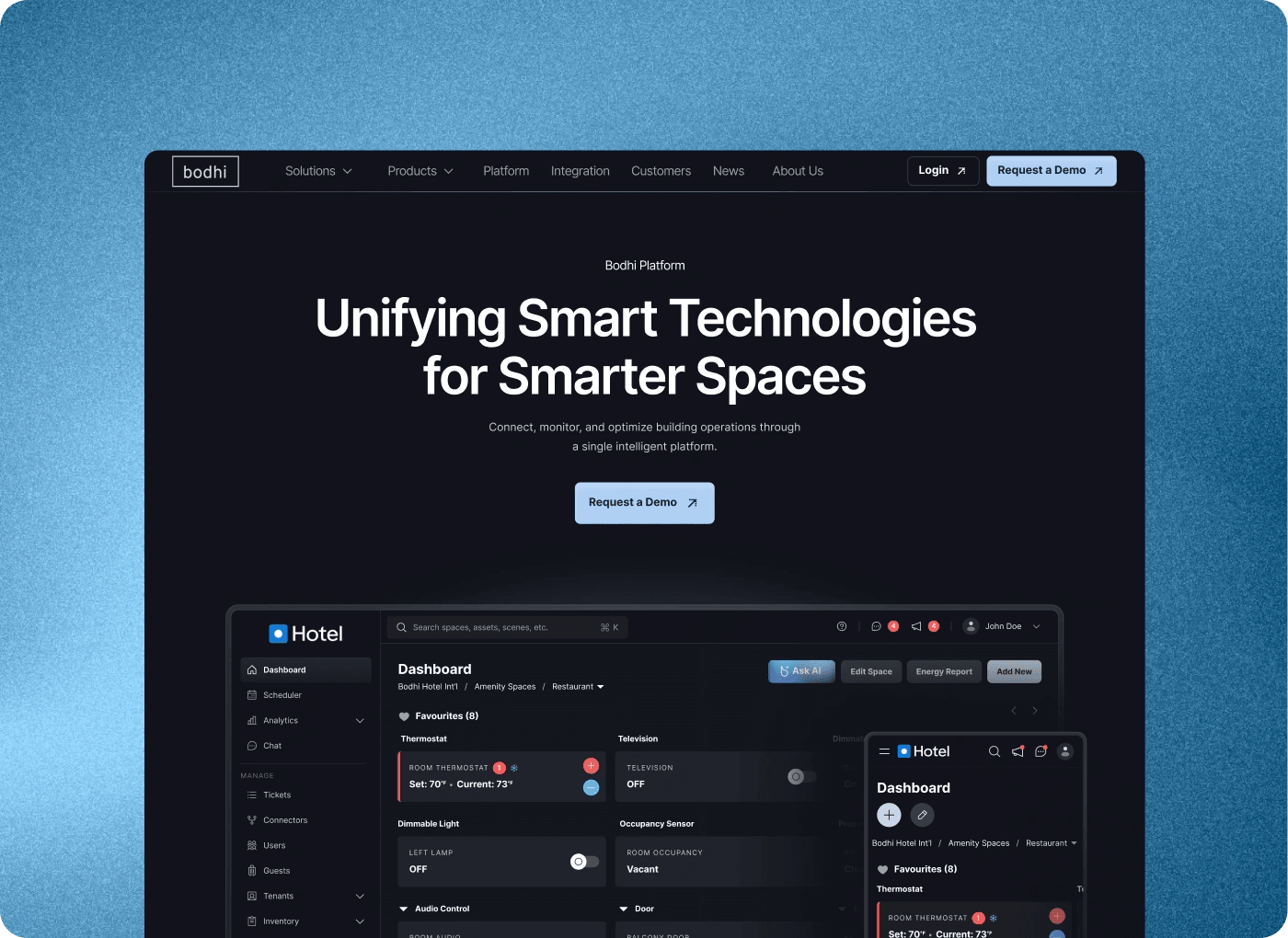 Bodhi platform page, Unifying Smart Technologies for Smarter Spaces, with the hotel dashboard