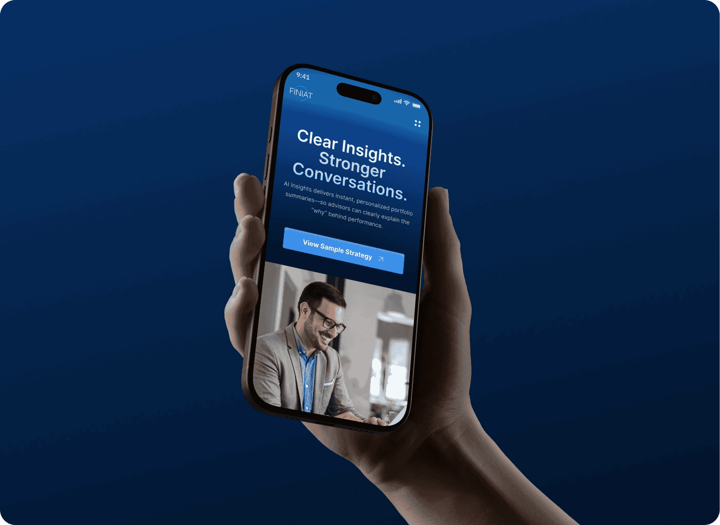 FINIAT website on a phone: Clear Insights. Stronger Conversations.